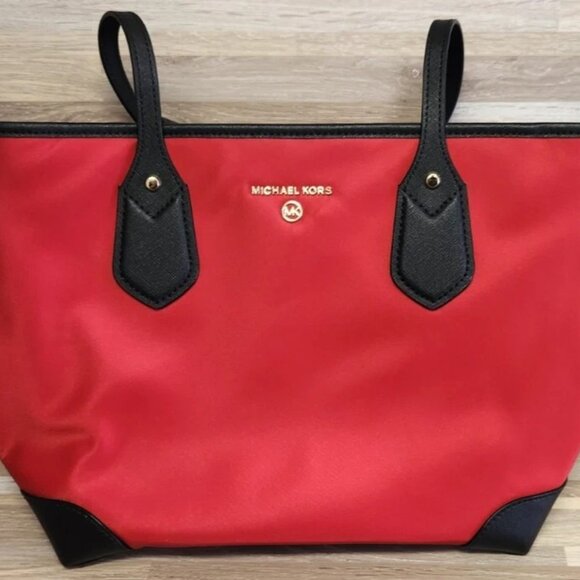 New Michael Kors Eva Top Zip Multi Pocket Small Tote Black Red NS Read - Picture 1 of 13